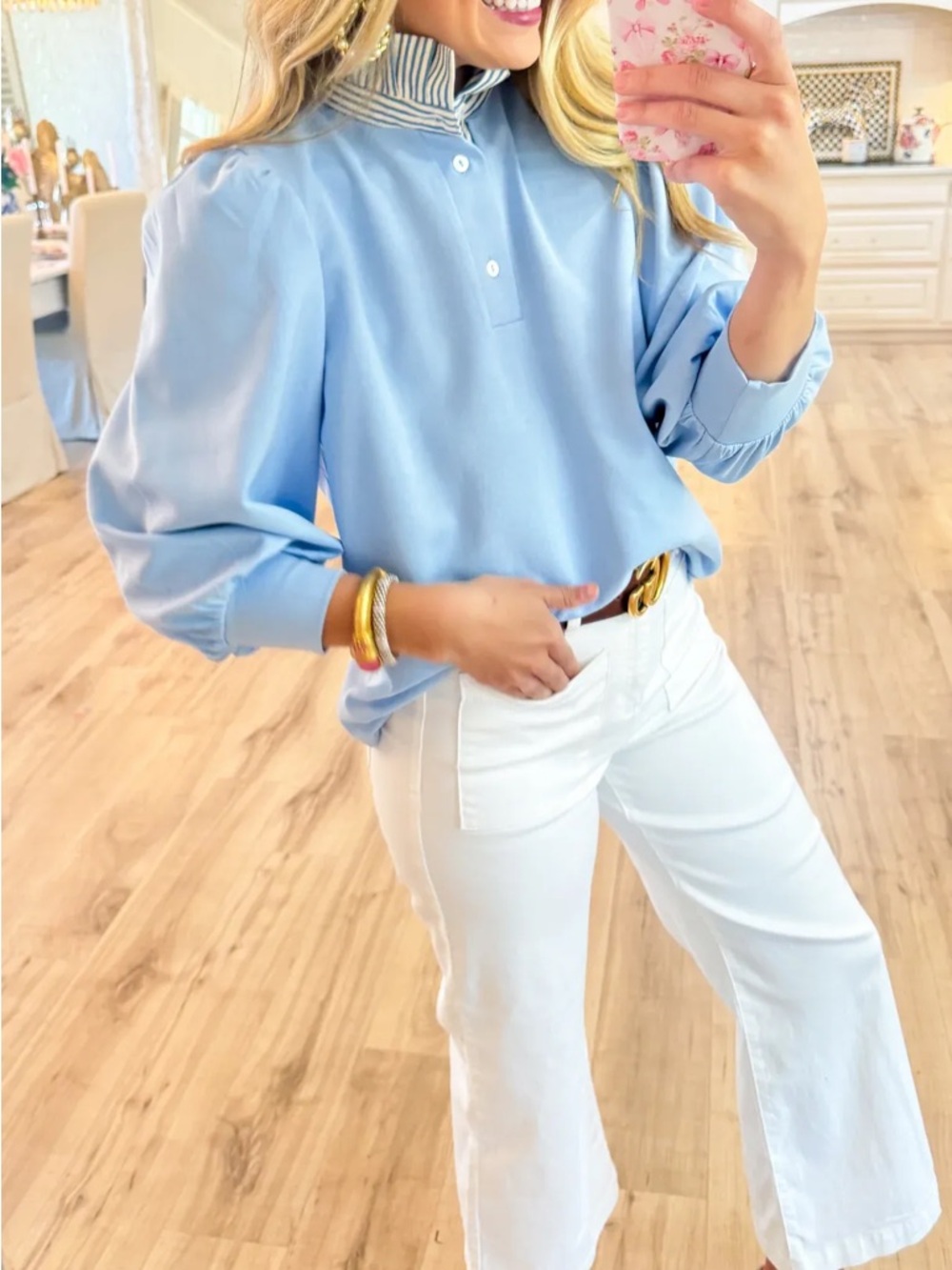 entro Light Blue Blouse with Striped popped Collar